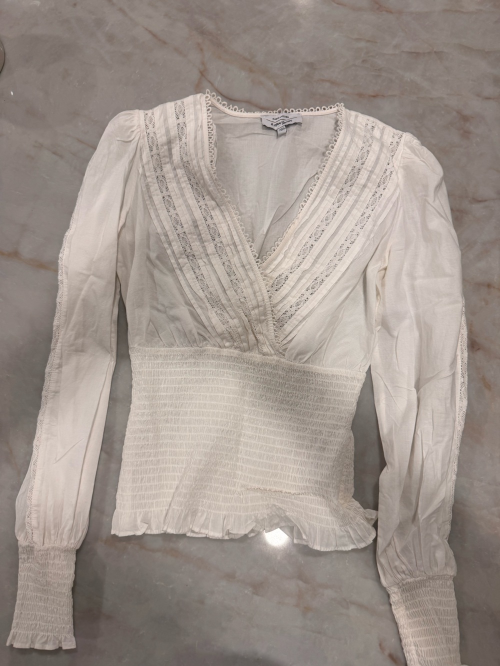 & Other Stories Cream Lace-Trim Smocked Waist Long-Sleeve Chemise Top